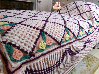 cozy rosettes plush Vintage full size chenille bedspread, quality cotton thick tufts
