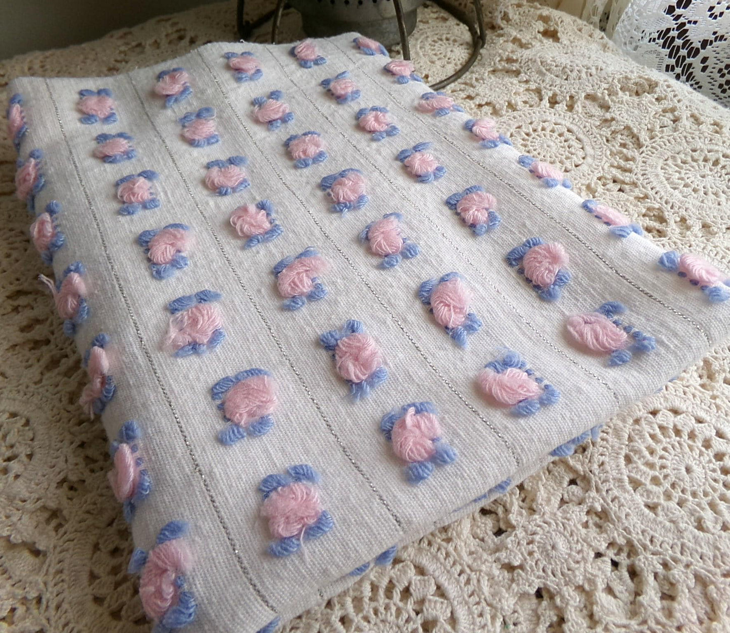 pink rosebud vintage chenille fabric, 20" x 24" inch cut piece of quilt material with tufted roses, blue leaves & shimmer silver lurex