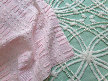 Vintage Chenille Fabric: 2 Pieces Quilt Material 12" x 18" each in Jade Green Tufts & Ballet Pink Dash Dots