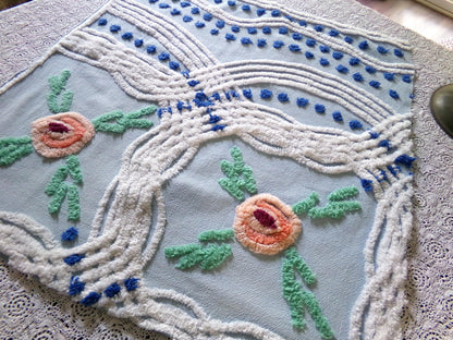 Cottage Style Blue Chenille Fabric, Pretty Pink Roses, 23" x 21" inch Piece, Great for Handmade Quilts & DIY Pillow Covers