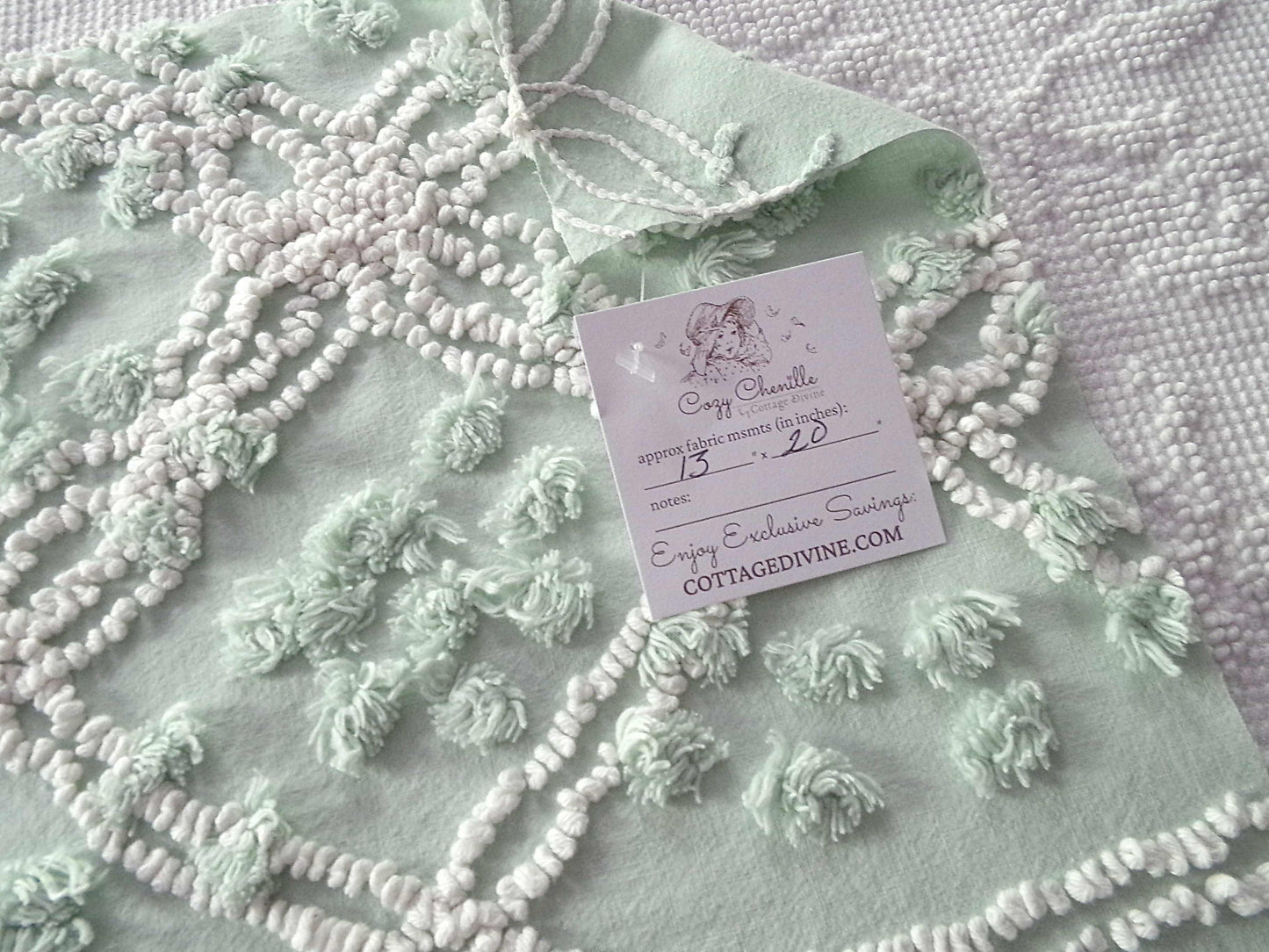 Creamy Mint Green Vintage Chenille Fabric, 20" x 13" inch Piece, White Wedding Ring & Dot Design, Great for Handmade Quilts, Crafts