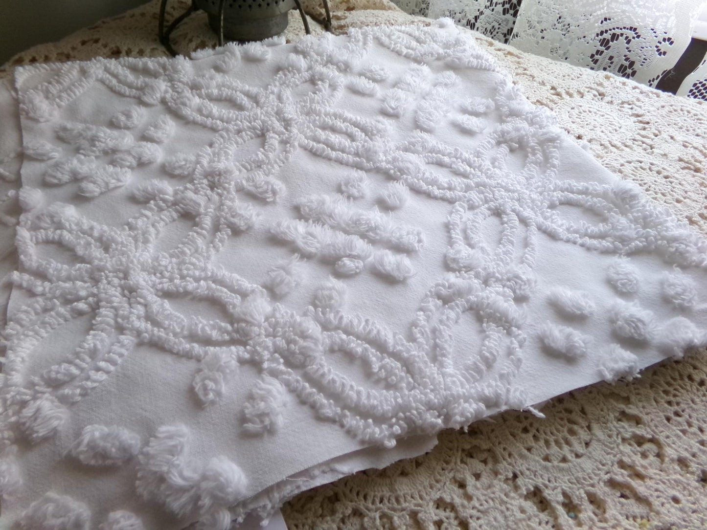 classic white vintage chenille fabric, versatile sewing material for quilting and crafts, 23" x 25" inch piece with wedding rings & pops