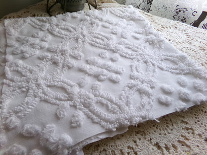classic white vintage chenille fabric, versatile sewing material for quilting and crafts, 23" x 25" inch piece with wedding rings & pops