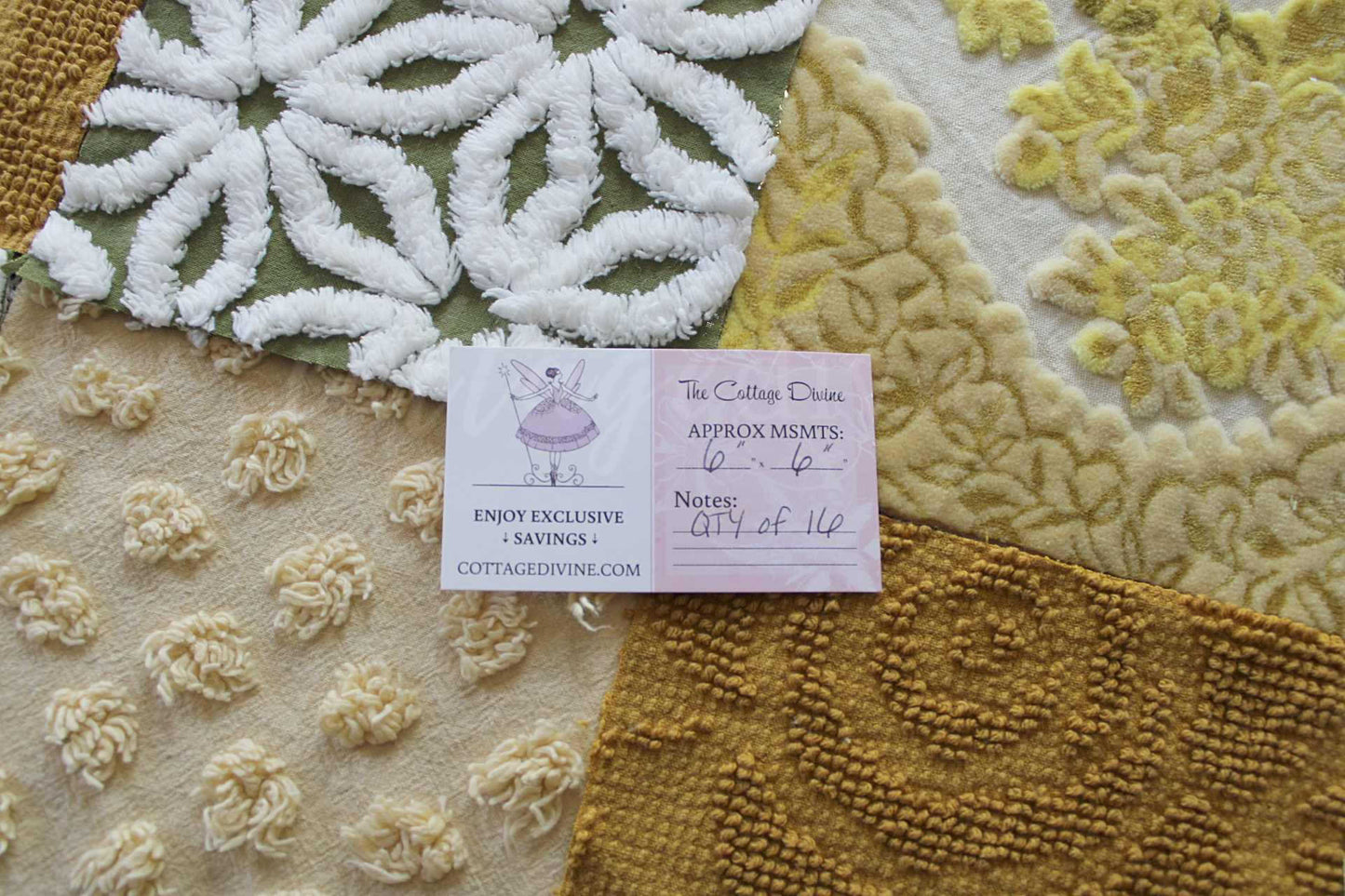 SuMmeR of LoVe Chenille & Velvet Quilt Squares Set, from Vintage Bedspread Fabric, 16 Blocks, 6" x 6" inches each, Earthtone Hippie Vibes