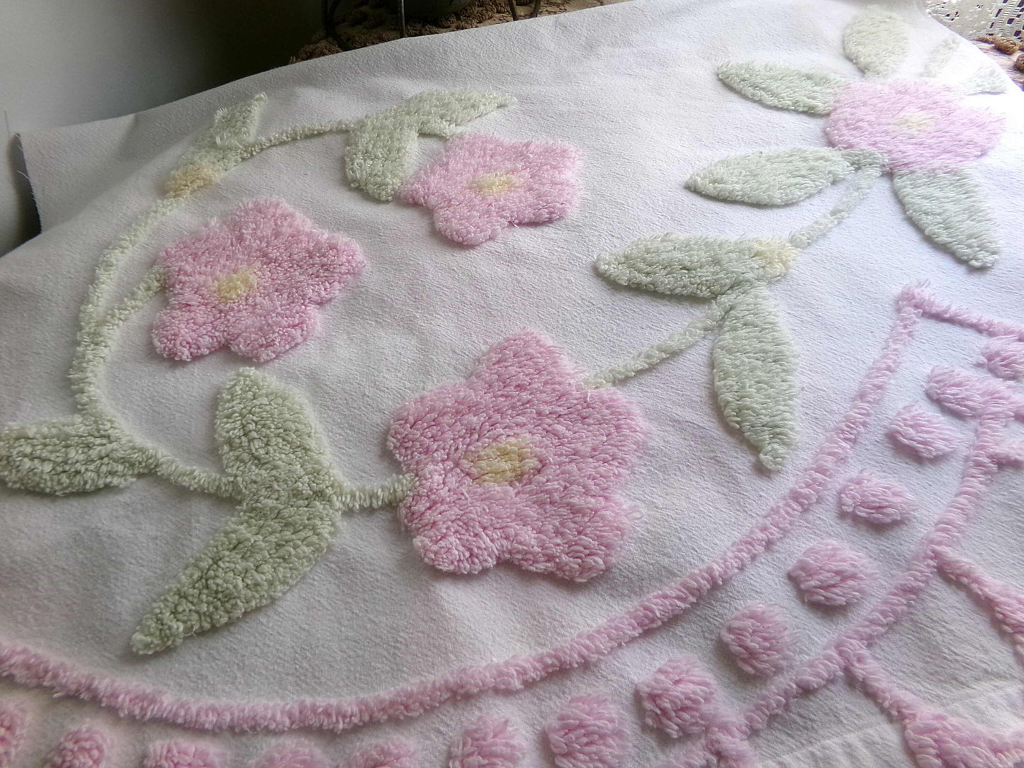 Pink Floral Blooms Vintage Style Chenille Fabric, Lovely Plush Flowers on White Cotton, 21" x 34" inch Piece