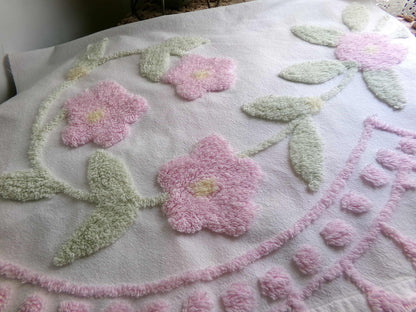 Pink Floral Blooms Vintage Style Chenille Fabric, Lovely Plush Flowers on White Cotton, 21" x 34" inch Piece