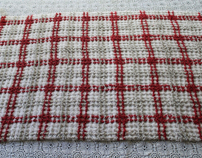 Chic Plaid Vintage Chenille Fabric, Maroon & Grey Needletufting on White Grid, 20" x 24" inch Piece, 100% Cotton