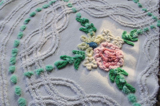 Cottage Rose Floral Vintage Chenille Fabric with Jadeite Pops, 24" x 27"-inch Rounded Corner Piece, Cabin Crafts Cotton
