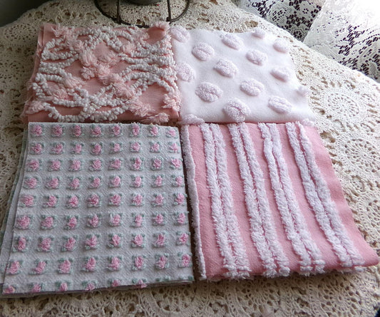 tickle me pink chenille fabric squares, set of 4 vintage large quilt blocks 12" inches ea, rosebud, pops, stripes, infinity tuft
