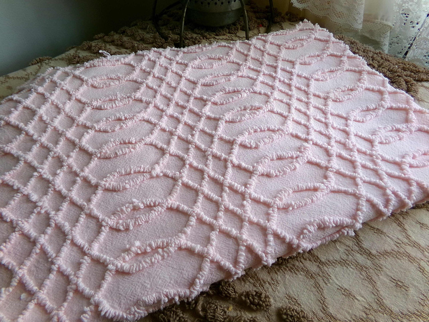 Chic Pink Eternity Links Vintage Chenille Fabric, 18" x 25" inch piece, Delicate Needletuft Design