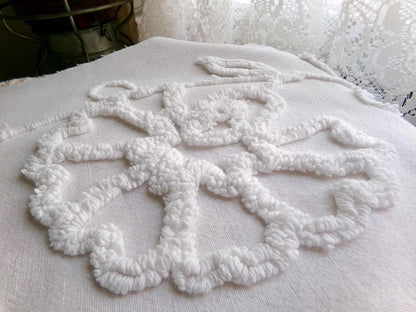 Farmhouse Style White Floral Chenille Fabric, Vintage 16" x 28" inch Piece, Great for Pillows & Quilting