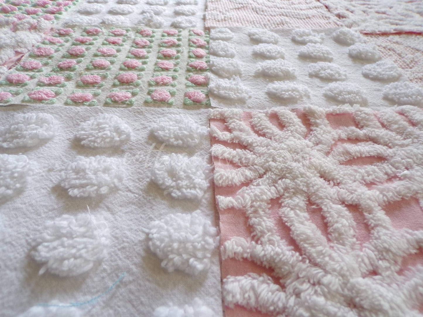 Pink Whispers Chenille Quilt Squares Set from Vintage Bedspread Fabric, 16 Blocks, 6" inch