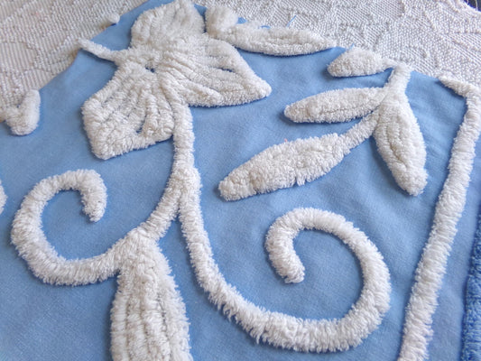 botanical white lily vintage chenille fabric, soothing blue 15" x 22" piece of sewing material for quilting and crafts