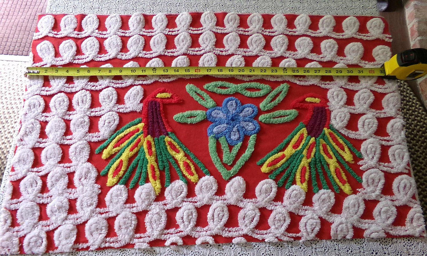 Vintage Peacock Chenille Bedspread Fabric, Pair of Lovebirds on Vivid Red & White Curlicues, 31" x 20" inch Piece, 100% Cotton