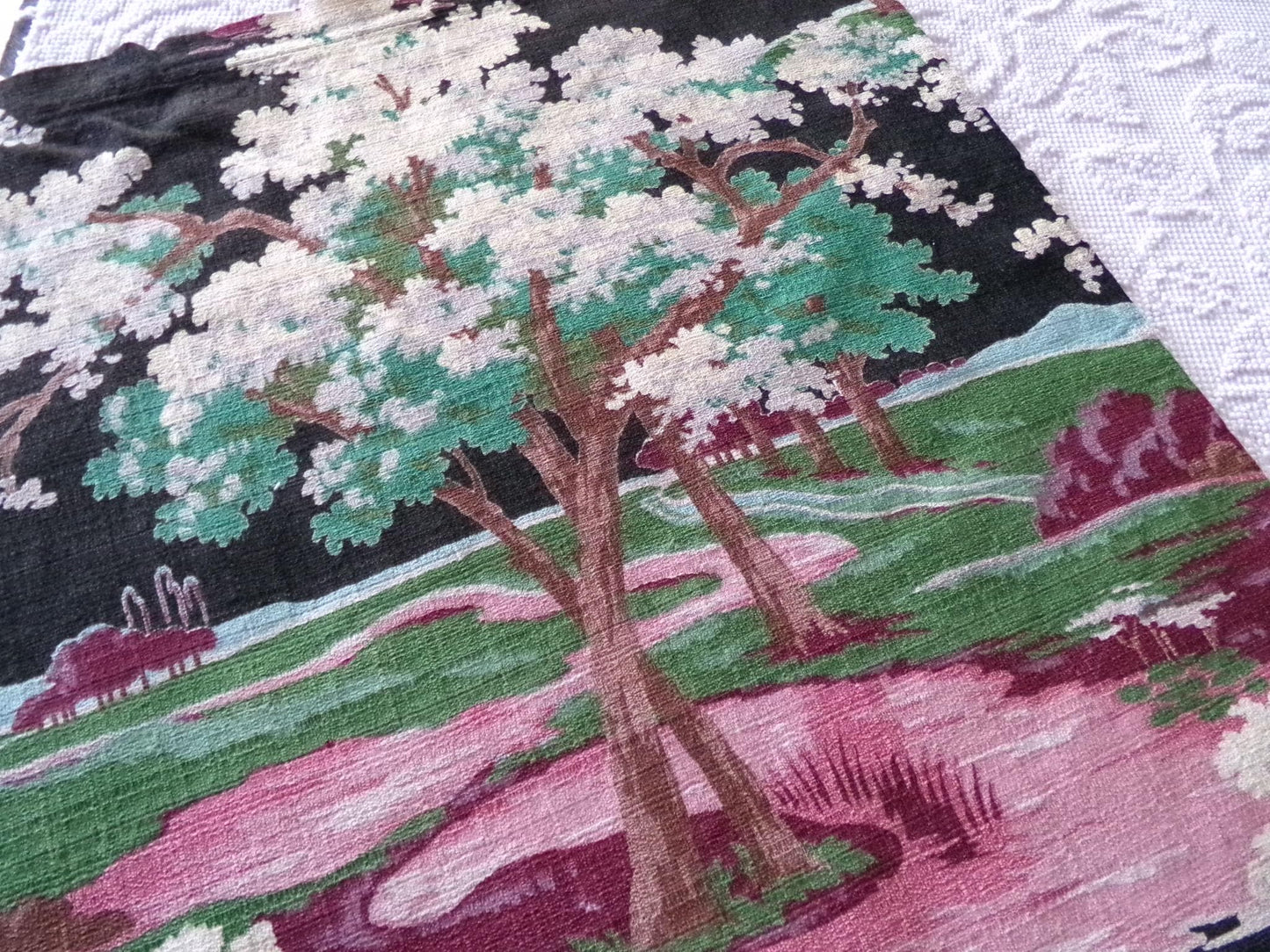 dramatic piece of vintage black barkcloth fabric in mystic tree print, 20" x 35" inch piece from deconstructed curtain panel