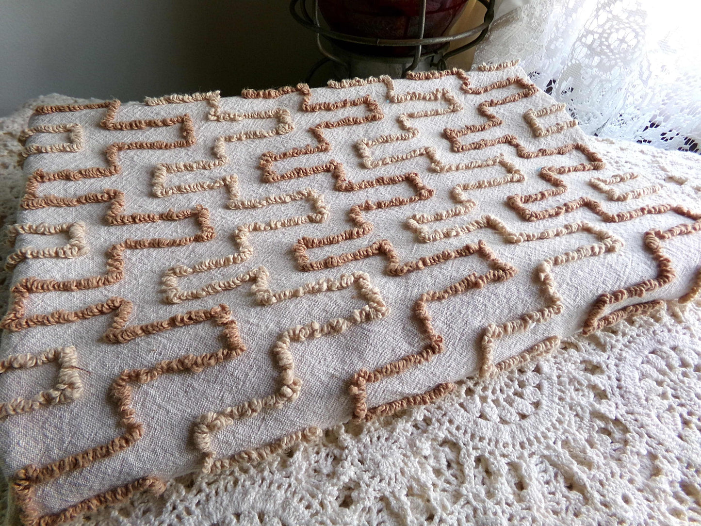 sandy sandcastles vintage chenille fabric, two tone honey golden brown geometric design, 18" x 24" inch piece for quilting, crafts & sewing