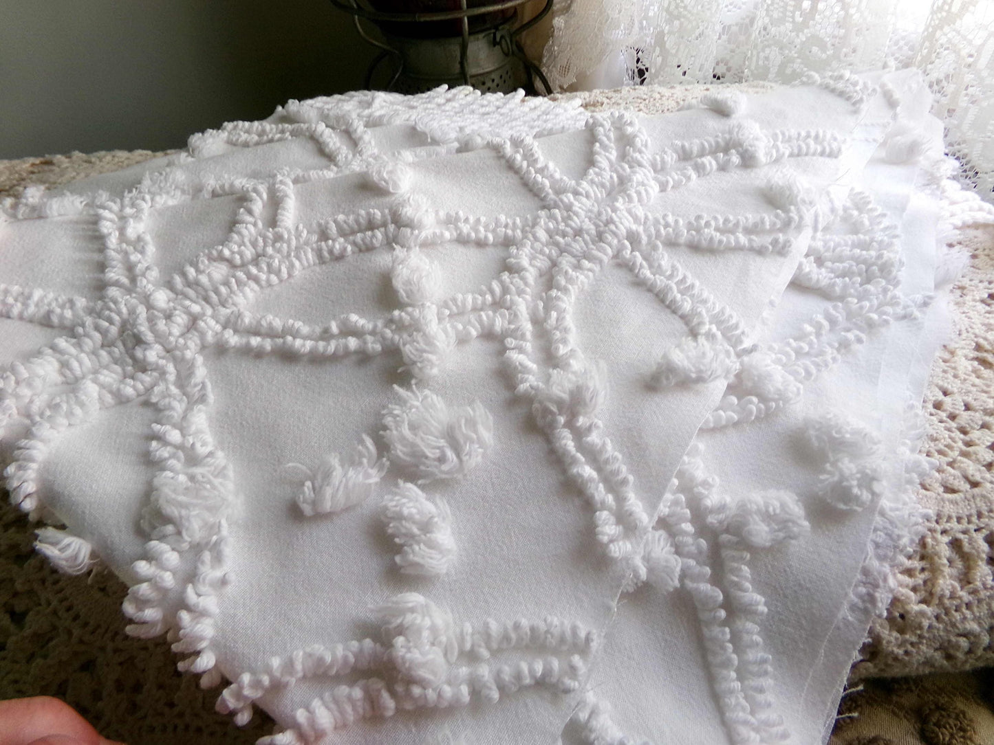 Traditional White Vintage Chenille Fabric in Classic Wedding Ring Pops Design, 20" x 25" Inch Piece, Versatile in Pillows, Quilts & Crafts