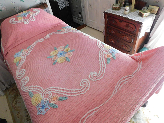 Loved & Cherished Vintage Chenille Bedspread, Old Fashioned Pink Floral, 100% Cotton, Full Size