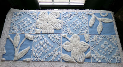 coastal breeze chenille fabric squares, set of 8 vintage 7.5" quilt blocks, blue geometric, white floral for sewing, crafts, quilting