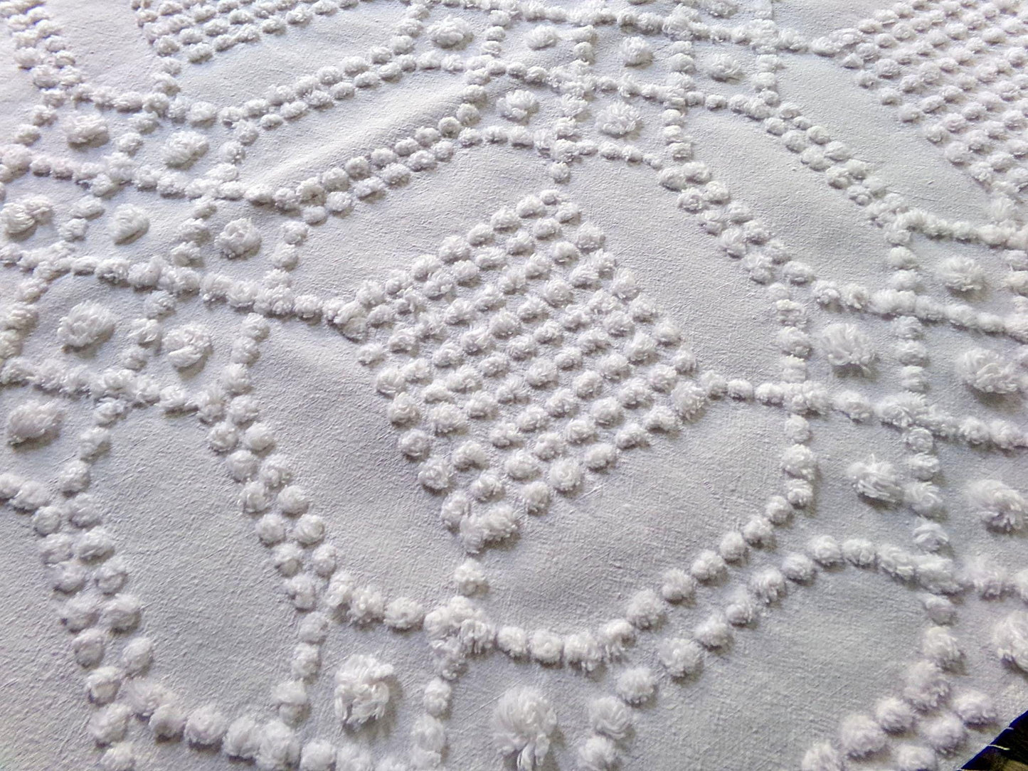 contemporary cosmic white vintage chenille fabric, intricate geometric handtufted sewing material, 22" x 23" piece great for pillows, quilts