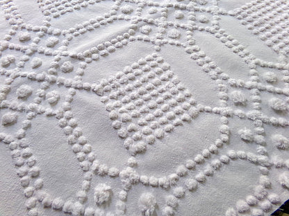 contemporary cosmic white vintage chenille fabric, intricate geometric handtufted sewing material, 22" x 23" piece great for pillows, quilts