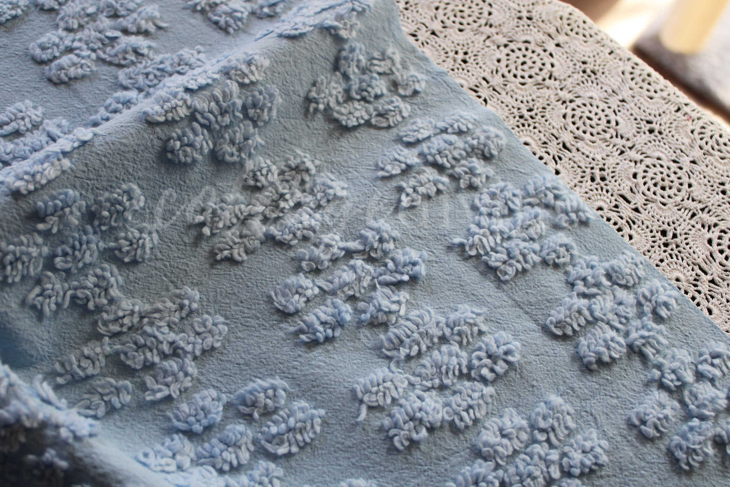 Adorable Blue Daisy Vintage Style Chenille Quilt Fabric, 24" x 20"-inch Piece