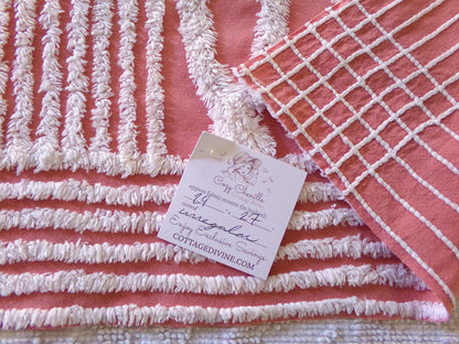 Unique Terracotta Rose Vintage Chenille Fabric, 29" x 27" Inch Piece, White Geometric Designs