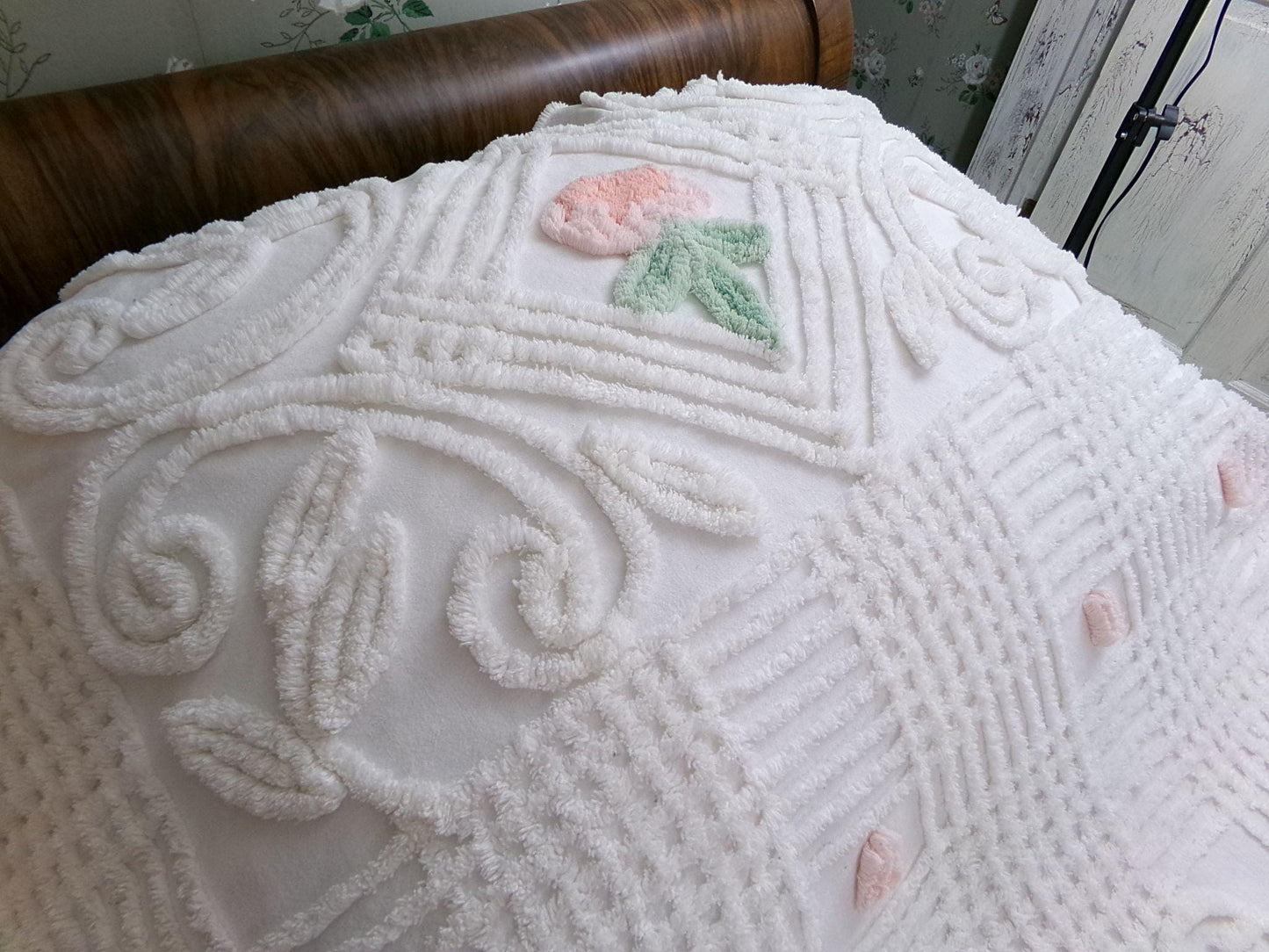 roses in winter vintage chenille bedspread, white cotton summer coverlet, classic cottage style full size bedding