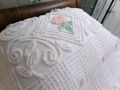 roses in winter vintage chenille bedspread, white cotton summer coverlet, classic cottage style full size bedding