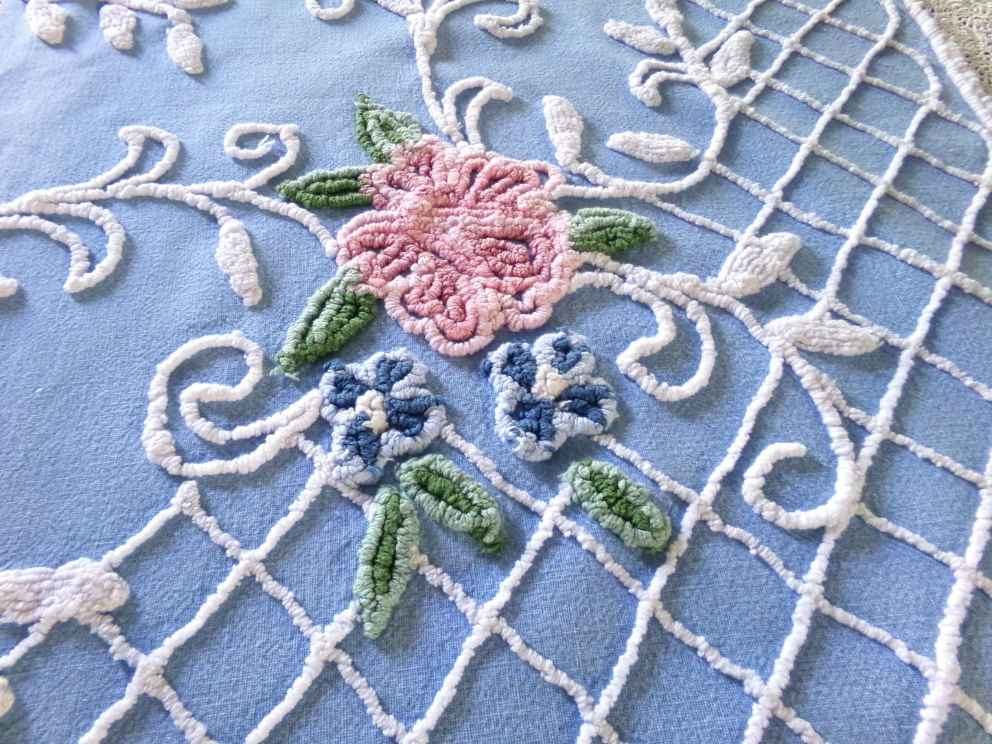 Cottage Romantics Pink Rose Vintage Chenille Fabric, 18.5" x 23" inch Piece, Sky Blue Bkgd, for Pillow Covers, Quilting, Fiber Arts & Crafts