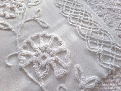 sophisticated white floral vintage chenille fabric, cotton sewing material, 15" x 27" inch piece for crafts & quilting