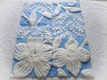 coastal breeze chenille fabric squares, set of 8 vintage 7.5" quilt blocks, blue geometric, white floral for sewing, crafts, quilting