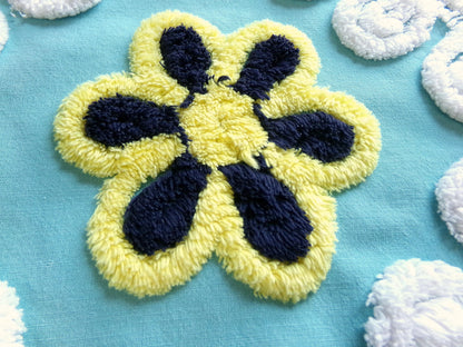 beach girl vintage chenille fabric, frothy white, seaglass blue, 20" x 25" piece of cotton sewing material for crafts, quilts, pillows