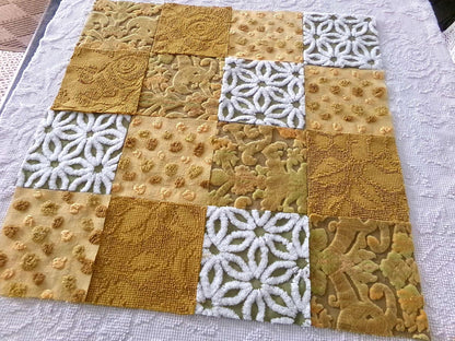 boho mama velvet & chenille fabric squares, earthtone daisy, dots, 16 vintage quilt blocks 6" x 6" inch, for pillows, quilts, crafts