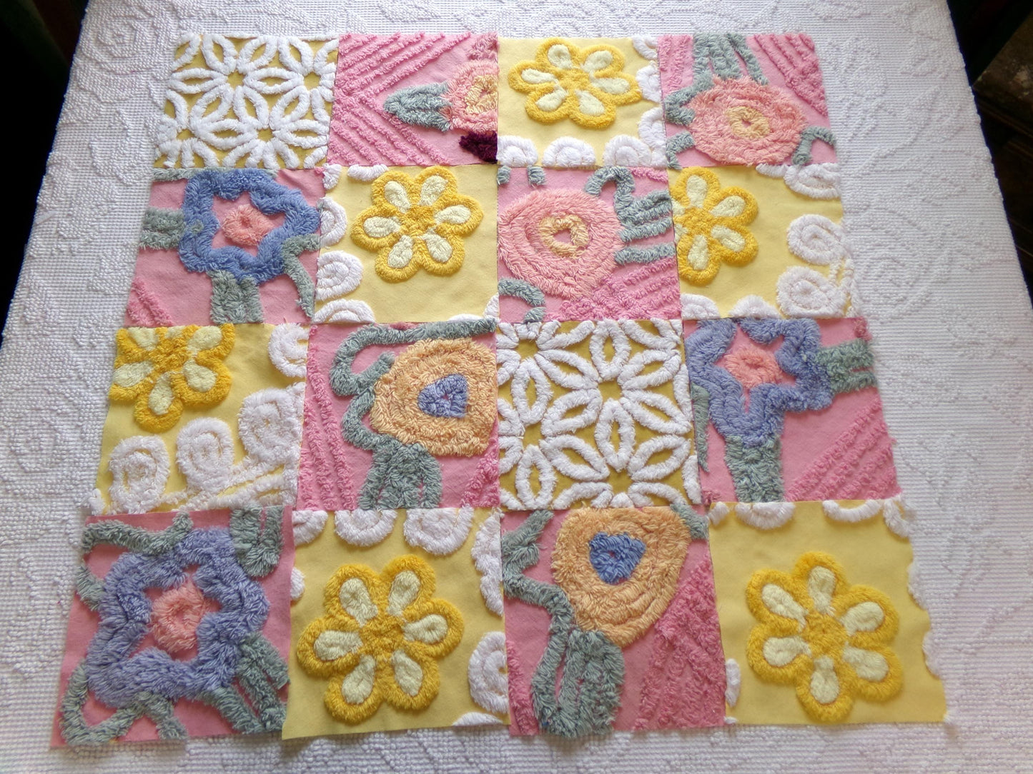 vintage chenille fabric squares, "buttercups & rose petals" set of 16 floral 6" quilt blocks in yellow flower, rose pink floral, gold daisy