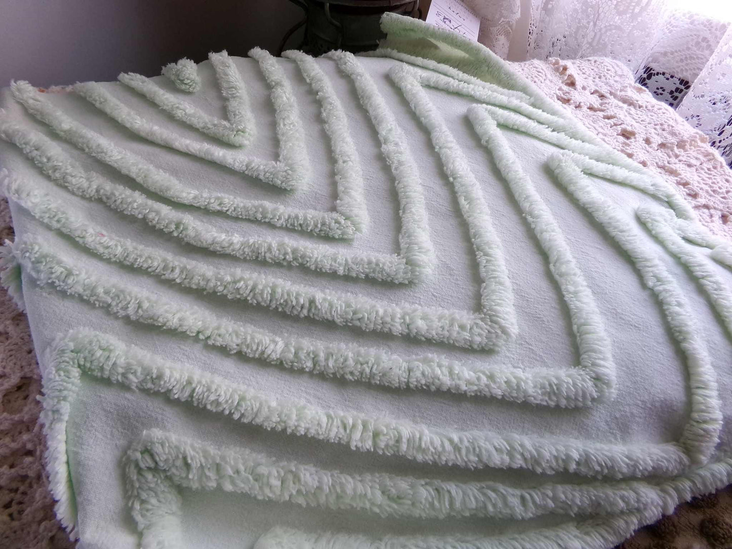 Mountain Peaks Vintage Chenille Fabric, Optic Green Design, 23" x 14" Inch Piece, Sewing Material for Quilts & Crafts