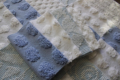 Chenille Fabric Squares, Beachy Blue & White Craft Square Set from Vintage Bedspread Fabric, 16 Blocks, 6" x 6" inch