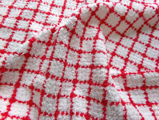 red & white cubes vintage chenille fabric, peppermint micro plaid pattern, 18" x 24" cut piece for xmas stockings, Christmas quilts