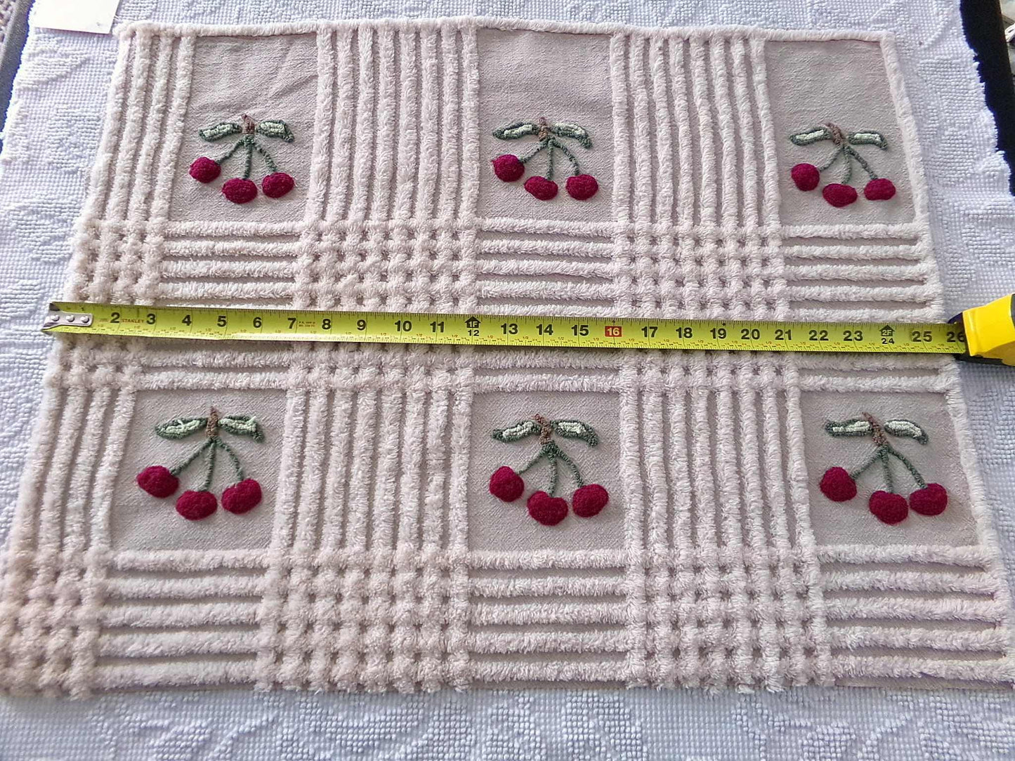 Adorable Cherries Vintage Chenille Fabric, 18" x 24" inch piece of sewing material with 6 cherry bunches for quilts, pillows, wall hanging