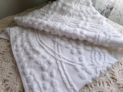classic white vintage chenille fabric, versatile sewing material for quilting and crafts, 23" x 25" inch piece with wedding rings & pops