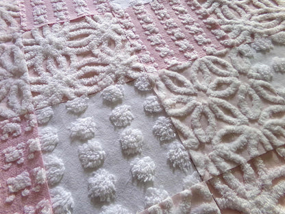 Pink Wink Quilt Squares Set from Vintage Chenille Bedspread Fabric, 16 Blocks, 6" x 6" inch
