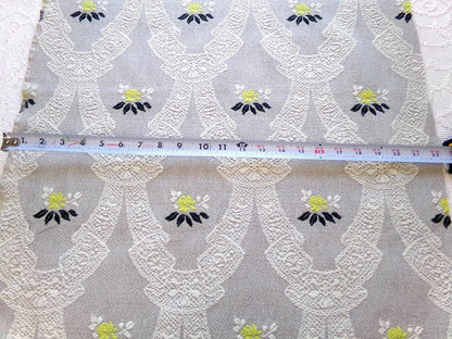 starlight silver swag vintage woven fabric piece, white lace designs, cool grey, chartreuse rose florals, reversible Bates design, 22" x 27"