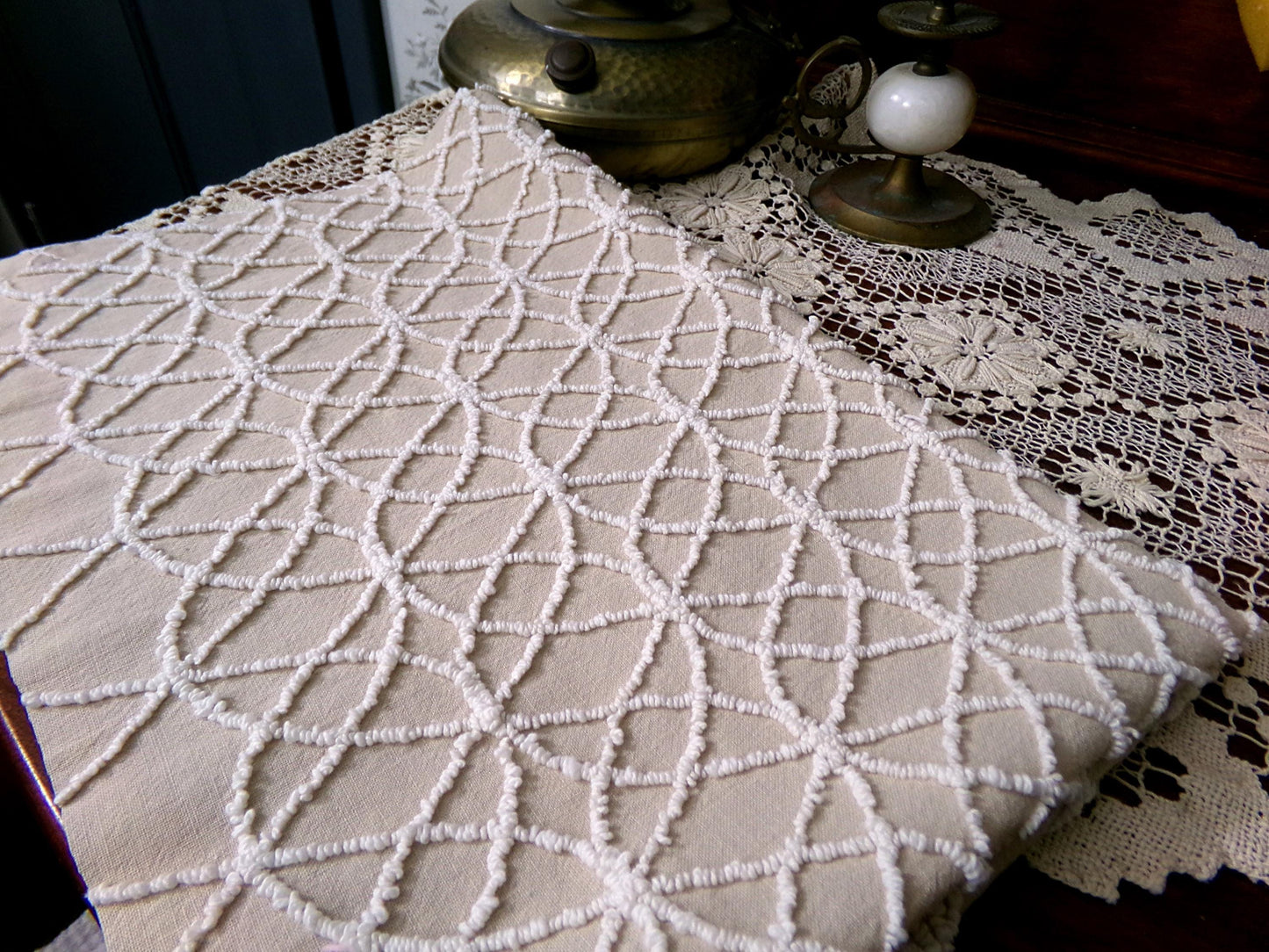 Cafe Mocha Vintage Chenille Fabric, Skinny Tuft Illusion Design, 18" x 24" Piece Quilt Material