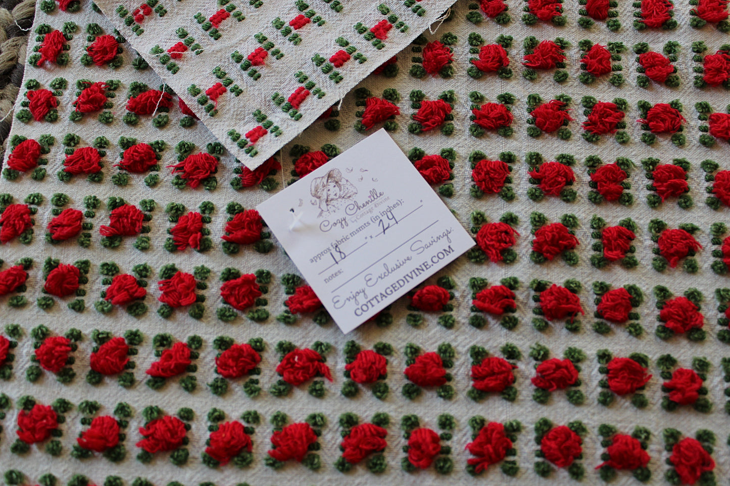 Striking Red Rosebud Vintage Chenille Fabric from Morgan Jones Roses Bedspread, 18" x 24" inch Piece