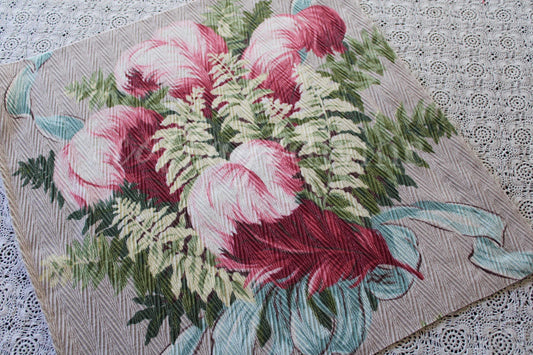 Divine Feathery Pink Plume Vintage Barkcloth Fabric, 19" x 19" inch Piece, Botanical Floral Print on Cool Grey, Great for DIY Pillows