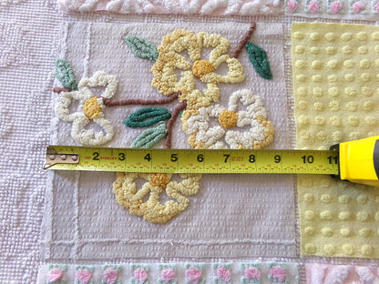 chenille fabric squares, set of 6 big 9.5" square quilt blocks from vintage chenille bedspreads, dainty daisy, pink rosebud, floral, dots
