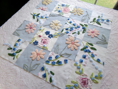 vintage chenille fabric squares, "barefoot in the meadow" set of 16 floral 6" quilt blocks in sky blue daisy, lupine flowers & roses