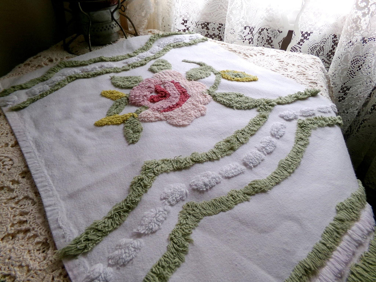 shabby rose chenille fabric, vintage victorian style sewing material, 15" x 22" inch piece, great for applique & pillows