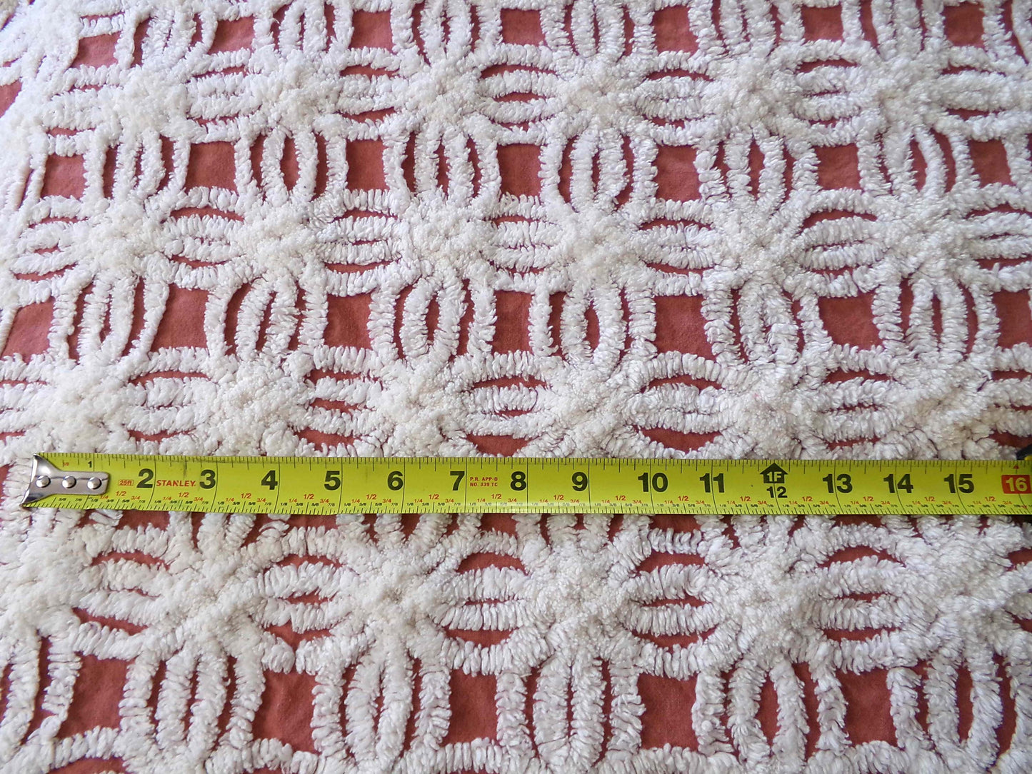 Earthy Terracotta Vintage Chenille Fabric, Plush White Tufted Petal Design, 20" x 24" inch Piece, 100% Cotton Material for Quilts & Crafts
