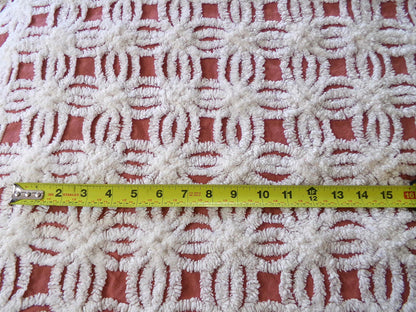 Earthy Terracotta Vintage Chenille Fabric, Plush White Tufted Petal Design, 20" x 24" inch Piece, 100% Cotton Material for Quilts & Crafts